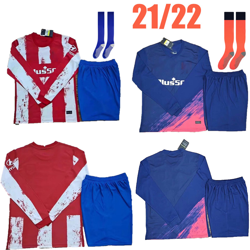 

21 22 Atletico Soccer Jerseys Long sleeve full kit uniforms socks SUAREZ GRIEZMANN JOÃO FÉLIX 2021 2022 Madrid M. Llorente CORREA KOKE LEMAR CARRASCO Football Shirt, 21/22 home with patch 2