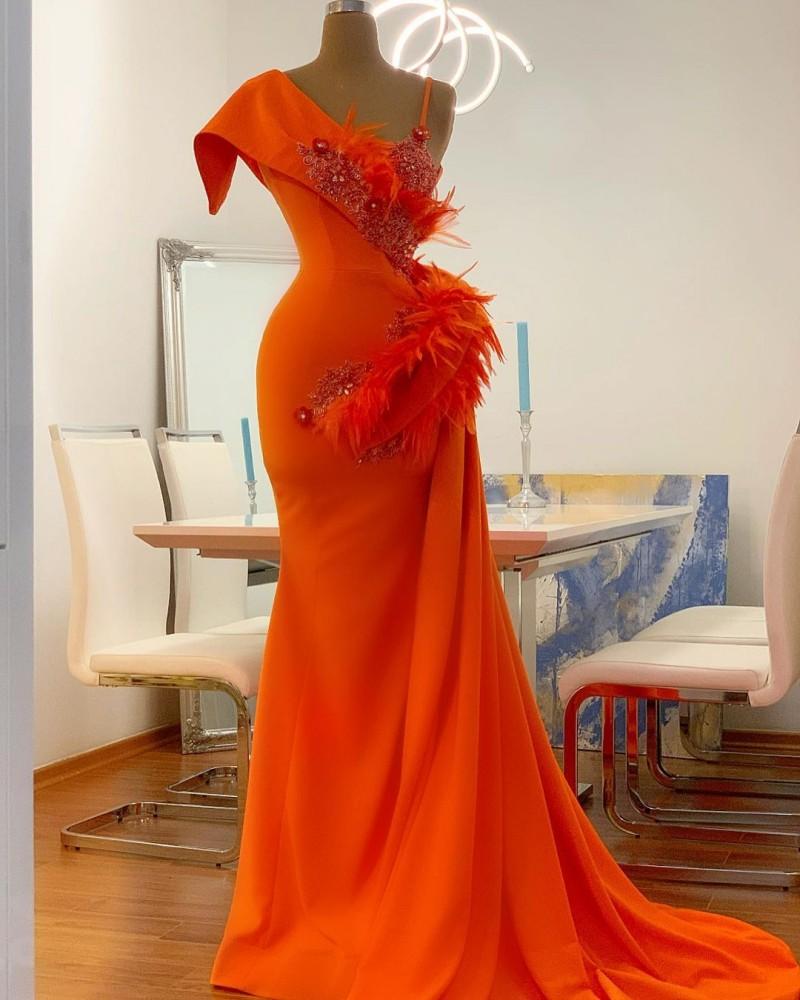 

Orange Mermaid Prom Dresses for Women Party Gowns 2021 Feathers Evening Dress Graduation Gowns Robe De soirée De Mariage, Dark red