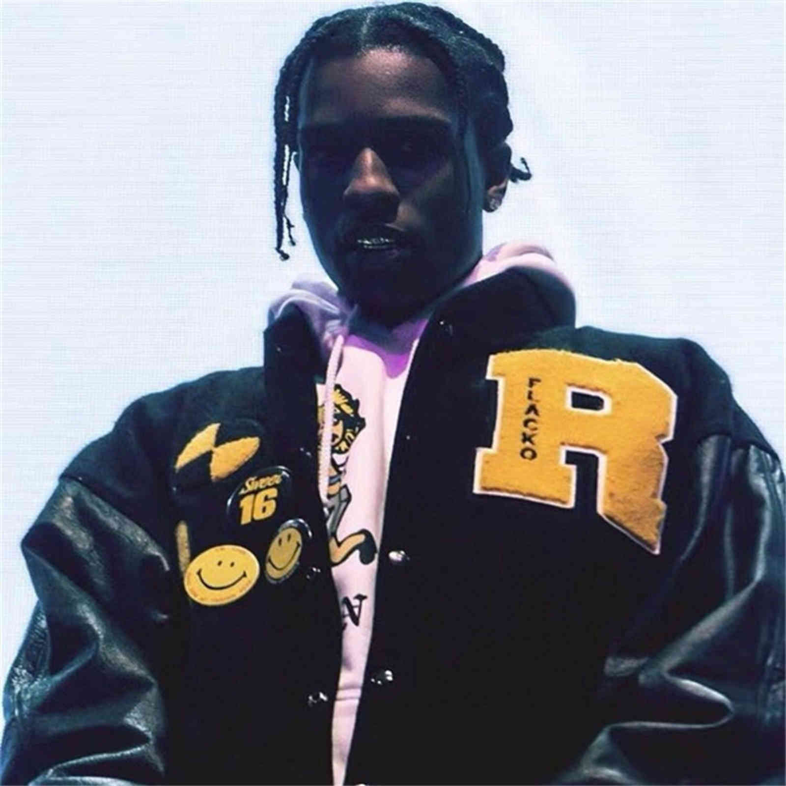 

ASAP rocky same testing awge flacko wool embroidered leather sleeve Baseball Jacket, Black