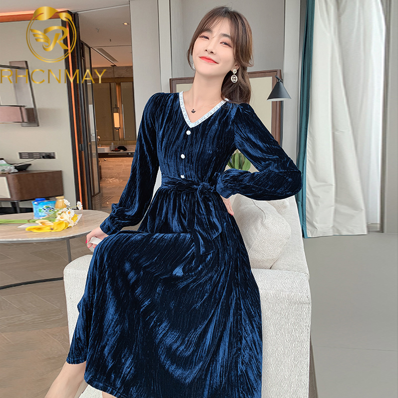 

new 2021 winter vintage one-piece velvet dress women v-neck long sleeve belted wrap slim dresses vestidosswimwear bathing suits swimsui, Black;gray