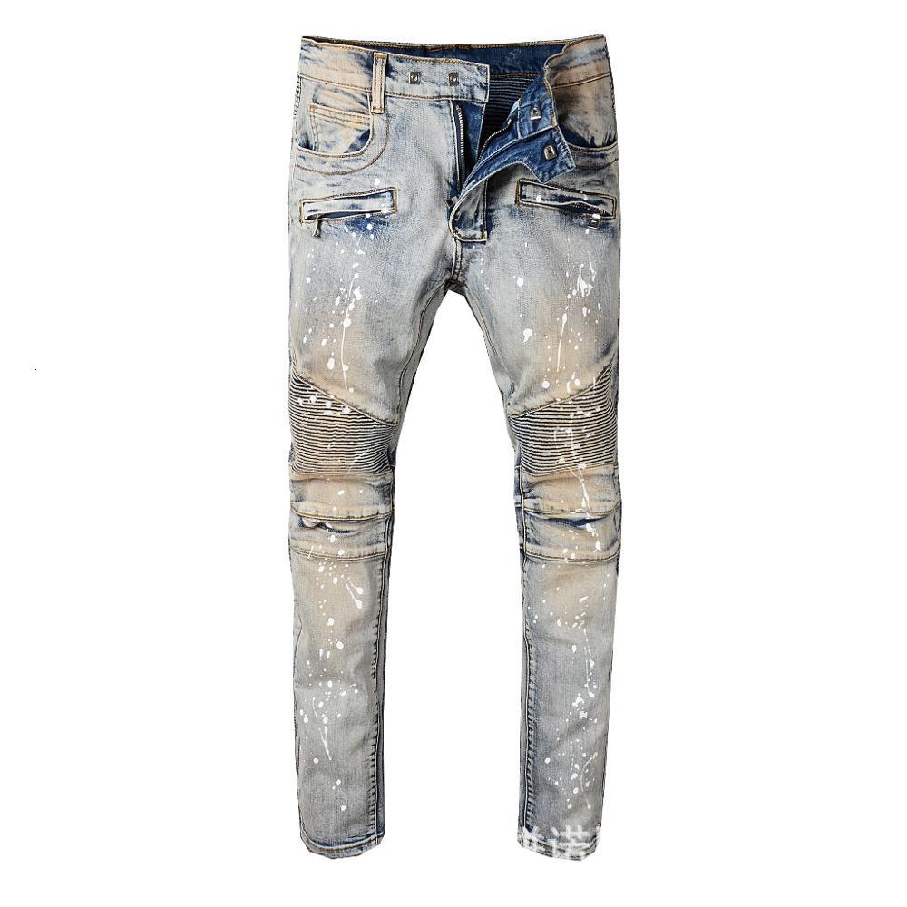 

2021 New Men's Male Casual Vintage Painted Stretch Cotton Biker Jeans Slim Fit Pleated Denim Pants for Motorcycle Trousers Joec, Beige