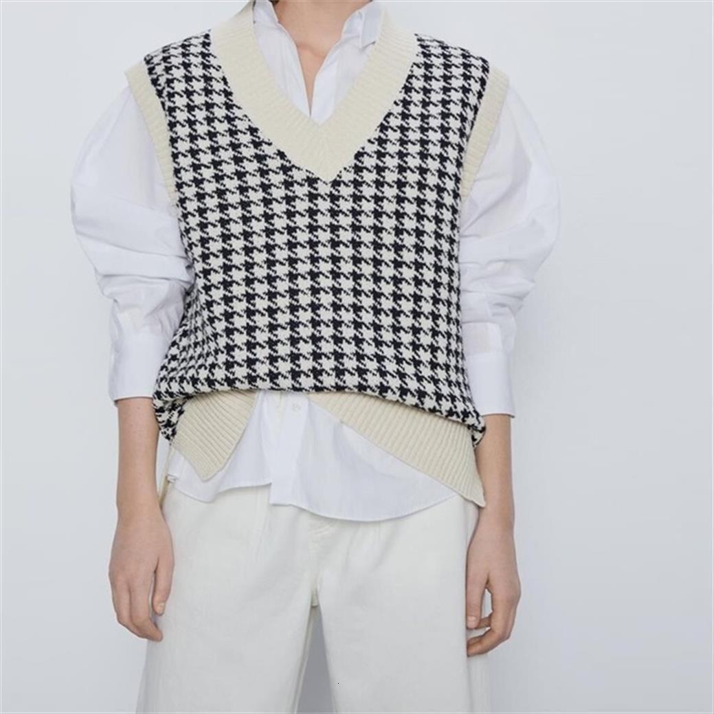 

women houndstooth vest casual sweaters v neck sleeveless autumn winter jumper knitted korean style pullover loose, White;black