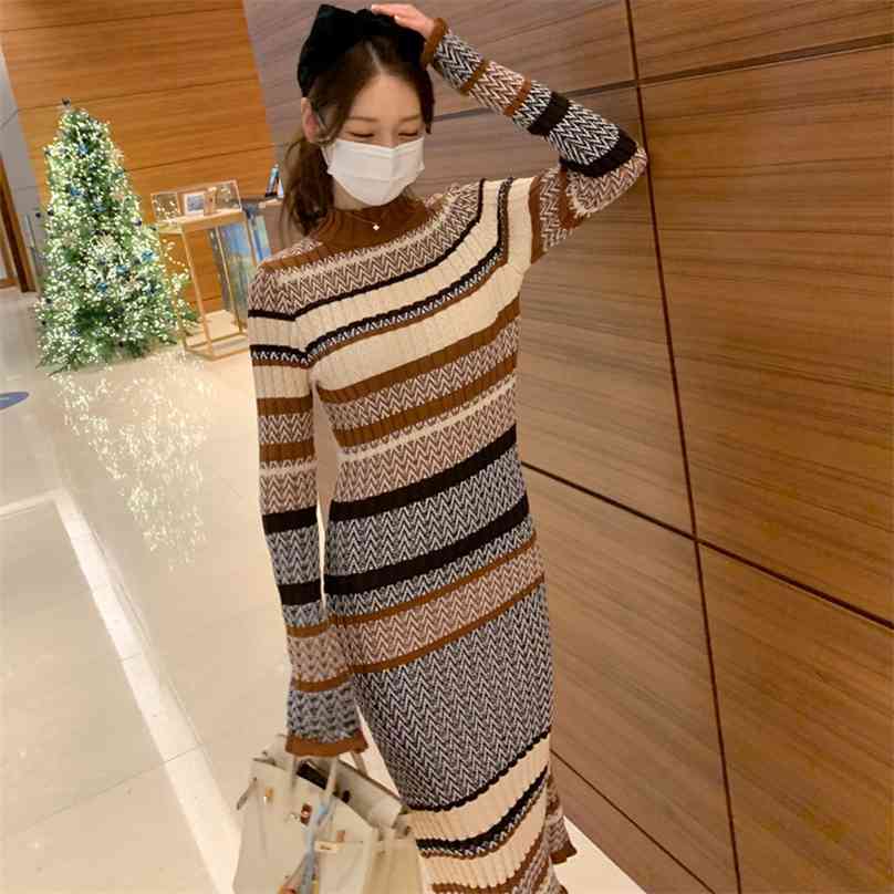 

Stripe Long knitting korean ladies winter long Sleeve stand causal Maxi warm Party Dress for women china clothing 210602, The picture color