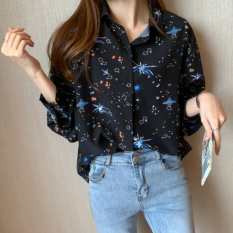 

2021 Black Starry Sky Print Fashion Blouse Women Shirts Autumn New Design Loose Elegant Office Lady Long Sleeve Tops Plus Size 8mfm