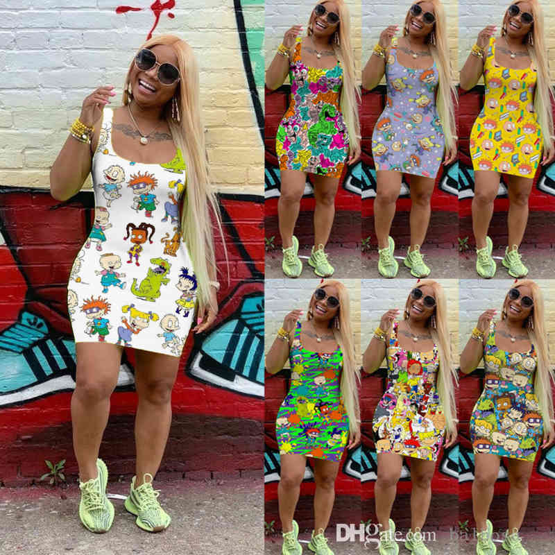 

7 Color Womens Summer Dresses Designer Cartoon Mini Skirt Sleeveless One Piece Dress Nightclub Plus Size -XXXL Ladys Summer Clothing Free DHL, Mix color or leave a message