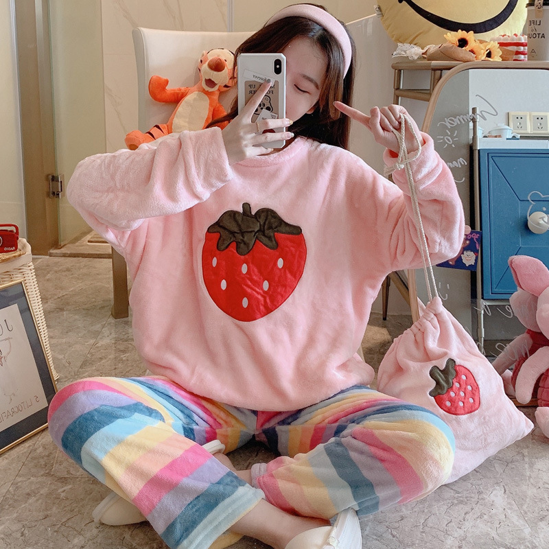 

New Winter 2pcs Flanel Paige Sweet Potato Suit Up & Stripes Beep Nightwear Turklin Housekeeping a Suitcase Aja9, Pink