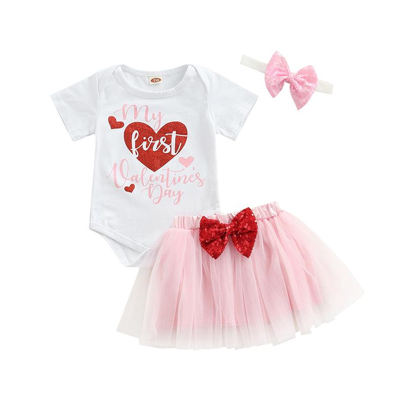 

Clothing Sets Baby Girls Three-piece Clothes Set, White Letters And Heart Print Round Collar Short Sleeve Romper, Yarn Skit Headdress