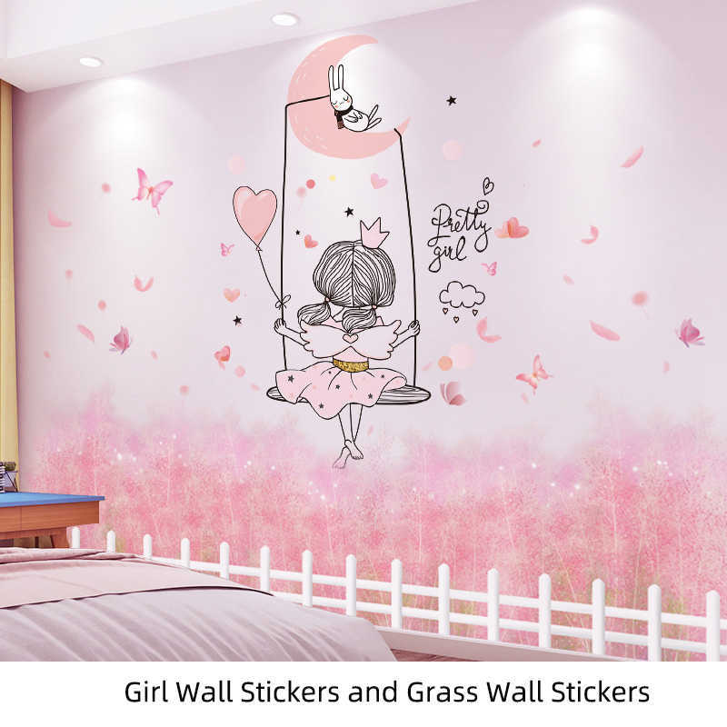 

[shijuekongjian] Cartoon Girl Wall Stickers DIY Chaotic Grass Plants Mural Decals for Kids Rooms Baby Bedroom House Decoration 210615