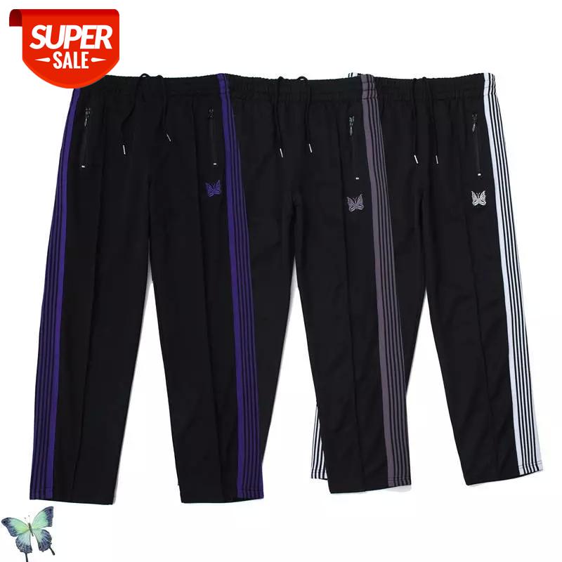 

NEEDLES AWGE Embroidery Butterfly Pants Men Women Hip Hip Mesh Striped Sweatpants Fast Shipping Joggers #WF69, Black