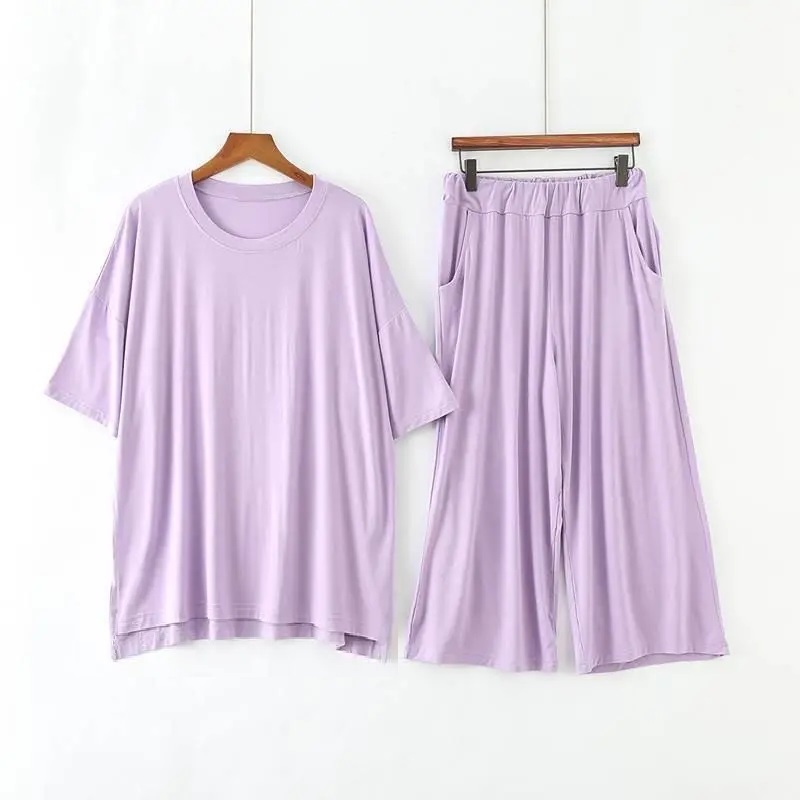

size 7XL 150KG Women Modal Pajamas Sets Summer Short Sleeve Top and Pants Women Soft Sleepwear Suit Home Women Female Sleepwear, Gray