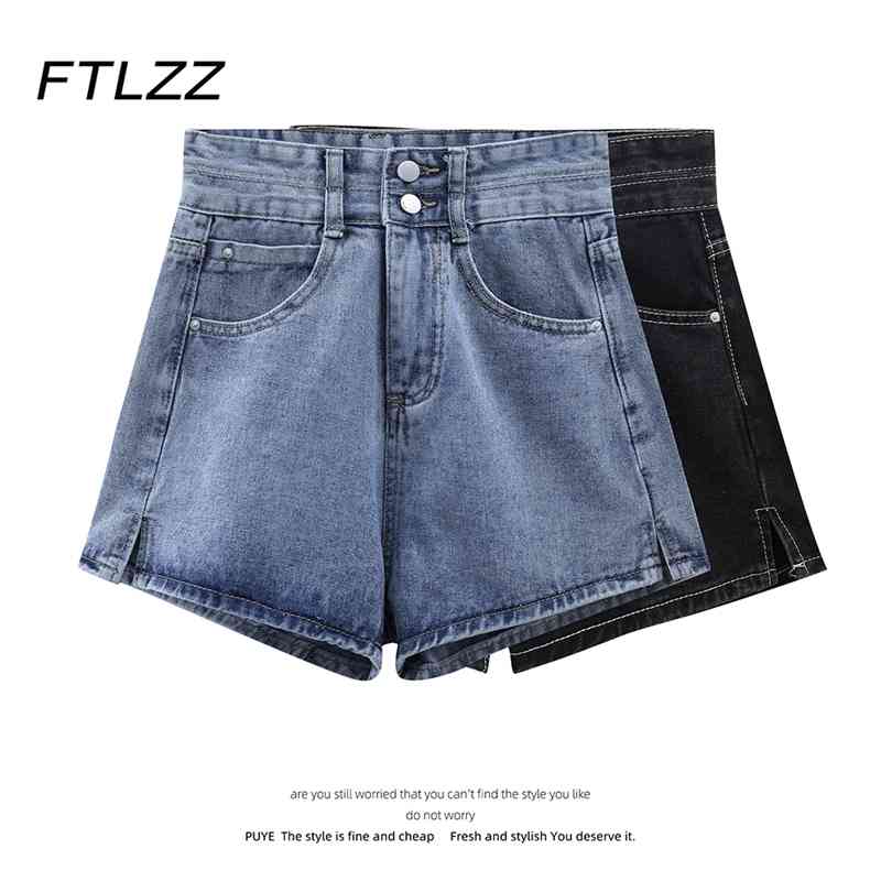 

Summer Dark Blue Baggy Jeans Shorts Woman Fashion High Waisted Two Button Fly Denim Women Casual Wide Leg Pants 210602