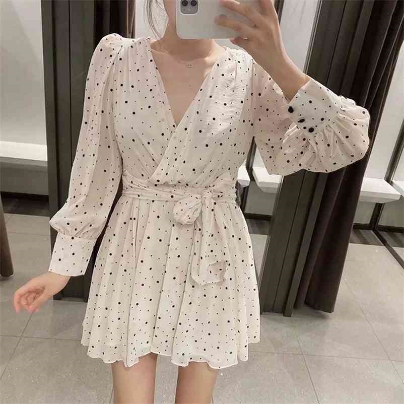 

women print dress summer V-neck floral Polka dot mini fashion female 210524, Beige