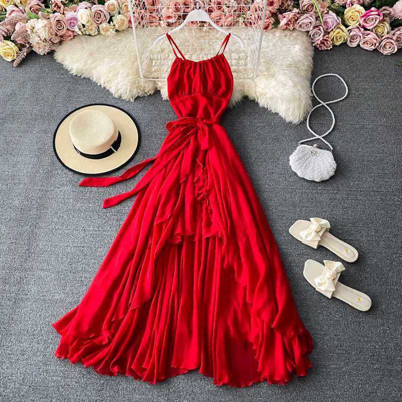 

Red Sexy Party Spaghetti Strap Irregular Long Dress Women Elegant Sashes Big Swing Strapless Vestidos Spring Autumn New Fashion Y0603