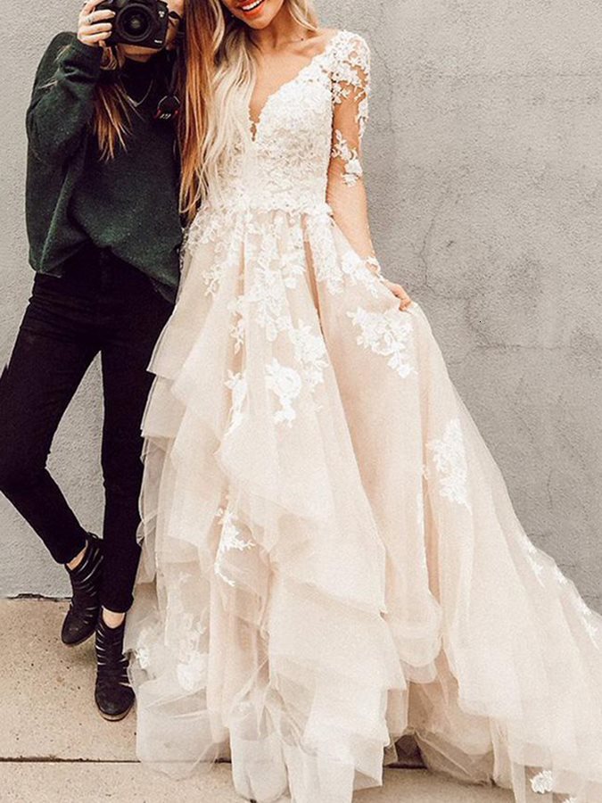 

2021 New Cascading Ruffles Appliques Long Sleeves Country Wedding Es Elegant Beach Boho Vintage Bridal Gowns Robe De Mariee 0bag, White
