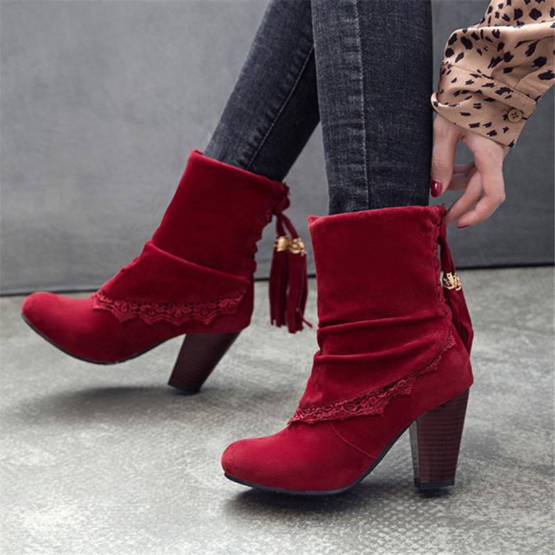 

Boots Women Short Sued Leather Round Toe Ankle Lace Ladies Tassel Slip On Block Heel Western Autumn Winter, Black