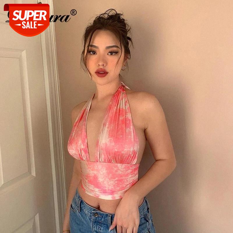 

Dulzura tie dye print ruched halter women crop top tanks backless bodycon sexy streetwear festival clothing party clubwear #Pp17, White