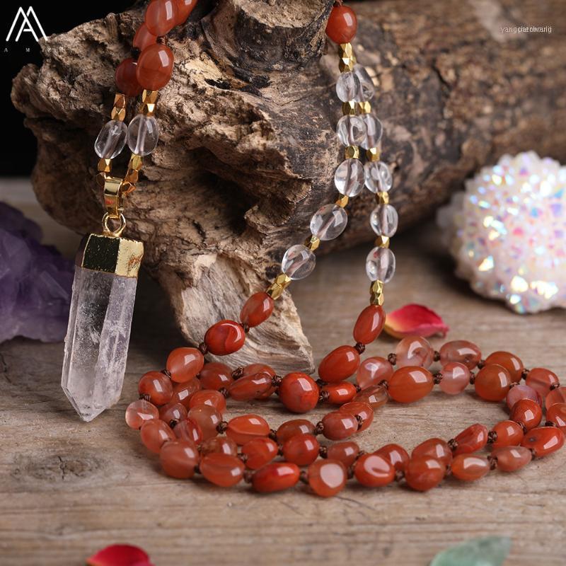 

Natural White Quartz Freeform Point Pendant Red Agates Irregular Chip Beads Cord Knotted Necklace Handmade Mala Yoga Jewelry1