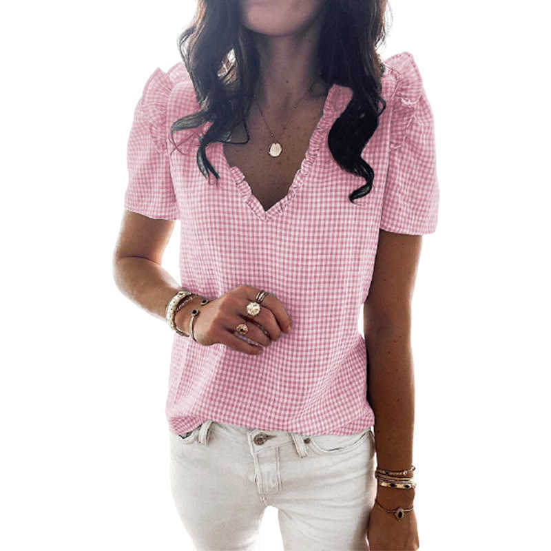 

Summer Plaid Print Ruffle Deep V Neck Short Sleeve Tops T Shirt Women Casual Loose Streetwear Plus Size Ladies Tee Shirts 210608, Pink