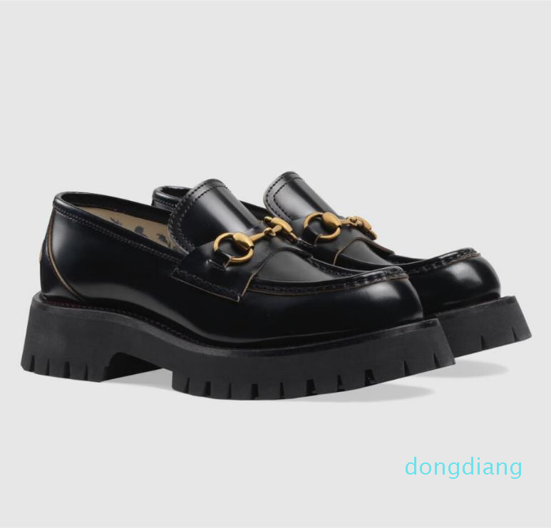 

Luxury-Women Lug Sole Horsebit Loafer Shoes Gold-toned Embroidery Slip On Platfrom Sneakers Lady Leather White Black Comfort Walking