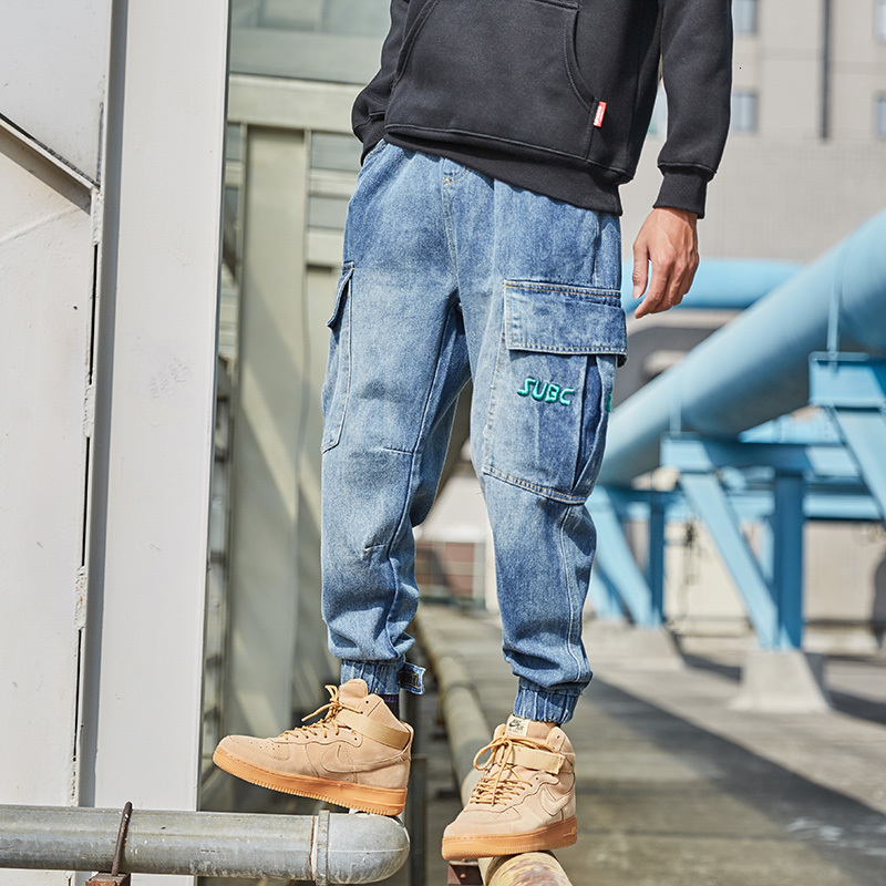 

2021 New Moda Streetwear Soltos Ajuste Retro Azul Denim Bolso e Cargo Bordado Inferior Slack Calas Jeans Hip Hop Homens X2be, Blue