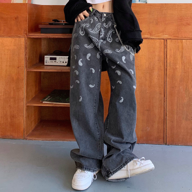 

2021 New Harajuku Cashew Print Chain Decorate Washed Jeans Men and Women Straight High Street Casual Denim Trousers Hip Hop Baggy Pants Kkwl, Black