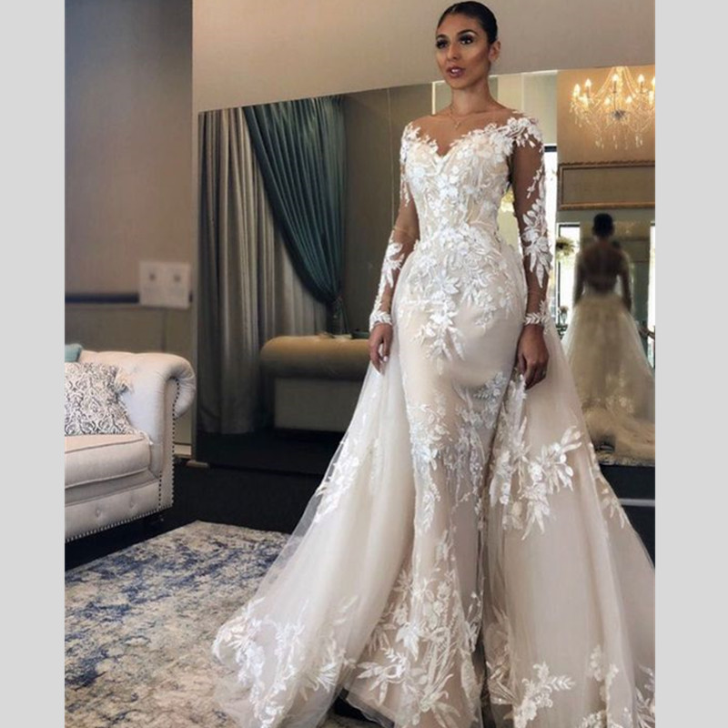 

Sheer Neck Lace Appliques Mermaid Wedding Dresses Bridal Gowns 2022 With Detachable Train Wedding Dress Long Sleeve Wedding Gowns, Ivory