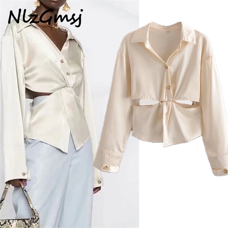 

Blouse Women Fashion Hollow Out Knot Shirt Woman Casual Long Sleeve Button-up Female Shirts Chic Tops 05 210628, As picture