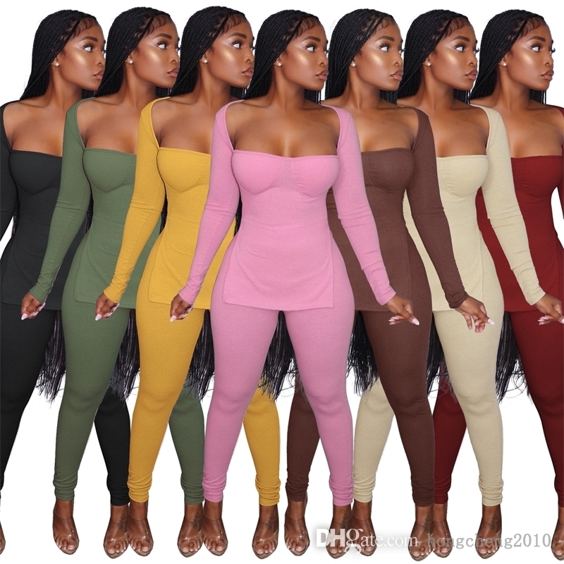 

Ladies Two Piece Pants Set Pit Strip Suit Fashion Long Sleeve Square Neck Split Sweater Sweatshirt Leggings Outfits Plus Size, Option for extra fee
