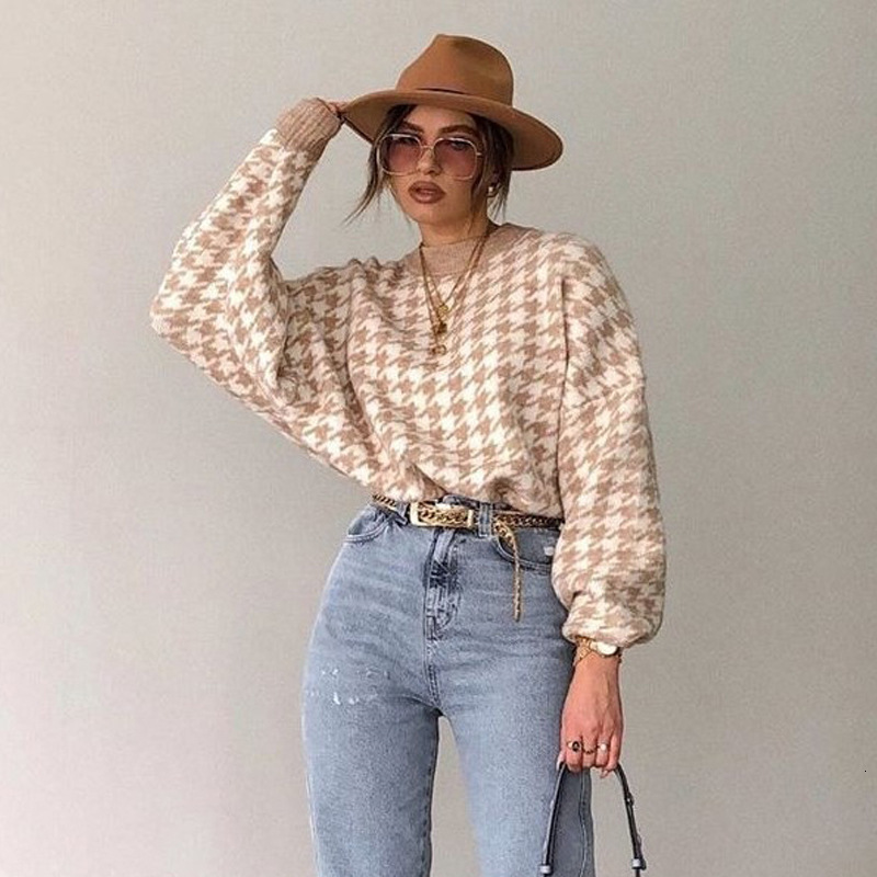 

2021 New Deeptown Houndstooth Camisola Inverno Moda Pulver Manga Longa Solta Casual Tops O-pescoo Emendamento Blusas Para Mulher Fccp, Kaqi