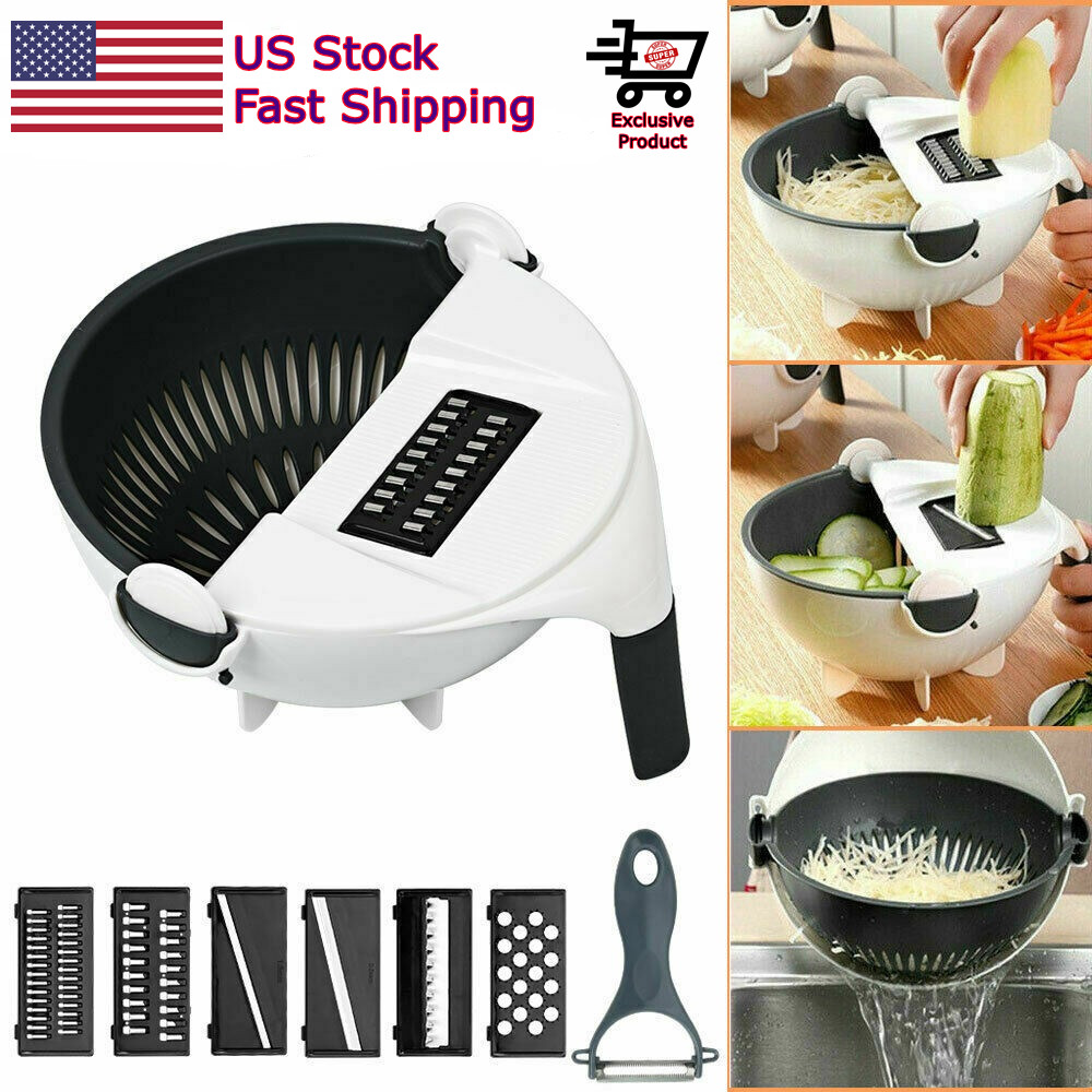 

US Stock 9-in-1 Grater Multifunction Vegetable Cutter Drier Slicer Rotated Fruit Shredder With Kitchen Cooking Drain Basket
