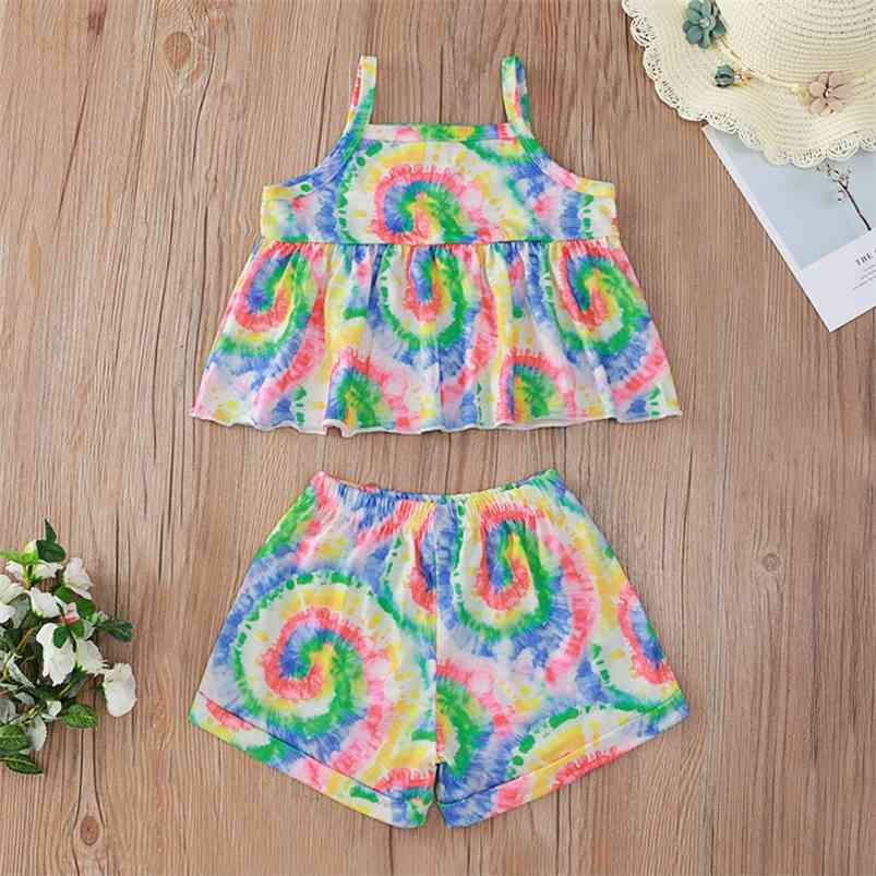 

Summer Children Sets Casual Strap Ruffles Tops Tie-dye Shorts 2Pcs Girls Boys Clothes Set 0-2T 210629, Multi