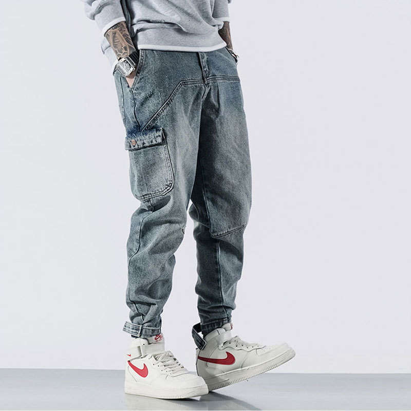 

2021 New Japanese Style Fashion Retro Blue Big Pocket Cargo Slack Bottom Joggers Streetwear Hip Hop Jeans Men Harem Pants W5xk