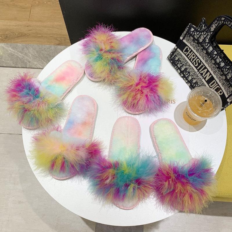

Slippers Rainbow Color Plush Women's Outer Wear Four Seasons Flat-bottomed Women, Mixed