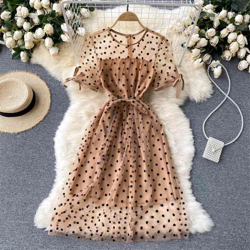 

French Women's Summer Dress Sexy See Through Mesh Polka Dot Print Patchwork Short Sleeve A-line Casual Female 210603, Khaki