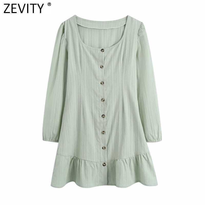 

Zevity Women Elegant French Square Collar Jacquard Embroidery Hem Ruffles Mini Dress Chic Female Buttons Vestido DS5044 210603, As pic ds5044bb
