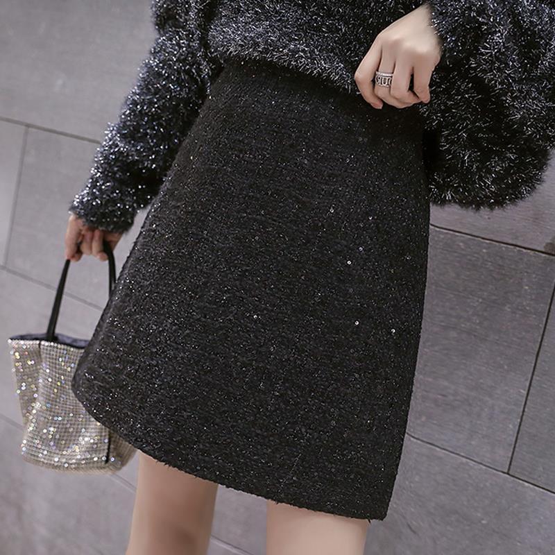 

Skirts Women 2021 Spring Autumn Tweed Wool Chic Skirt Female Elegant Jupe Femme Cute Bottoms For Ladies A Line Short Mini G16, Black