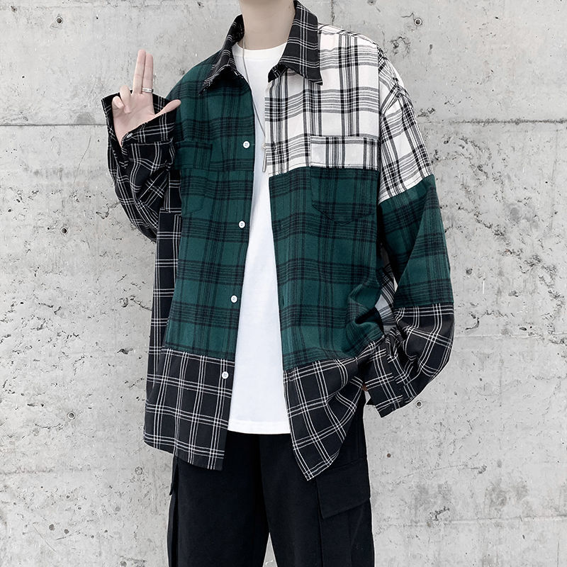 

2021 New Korean Style Plaid Men's Fashion Hit Color Retro Casual Shirt Men Streetwear Wild Loose Long-sleeved Shirts Mens M-5xl Qnot, Color matching