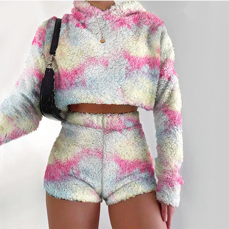 

2021 New Casual Tracksuit Hooded Sweatshirt Tie Dye Print Slim Plush Set Piece Women Winter Fashion Flannel Short Suit B2bz, Pink