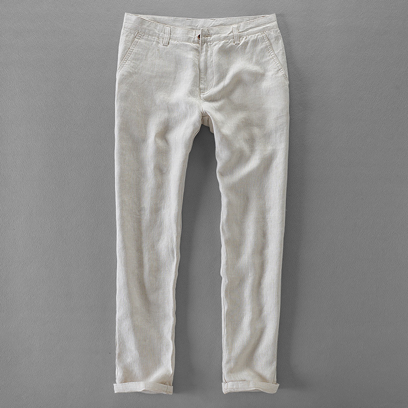 

2021 New 100% De Linho Marca e Negcios Caqui Dos Homens Casuais Da Forma Calas Masculinas Respirvel Pantaloni S2e8, White