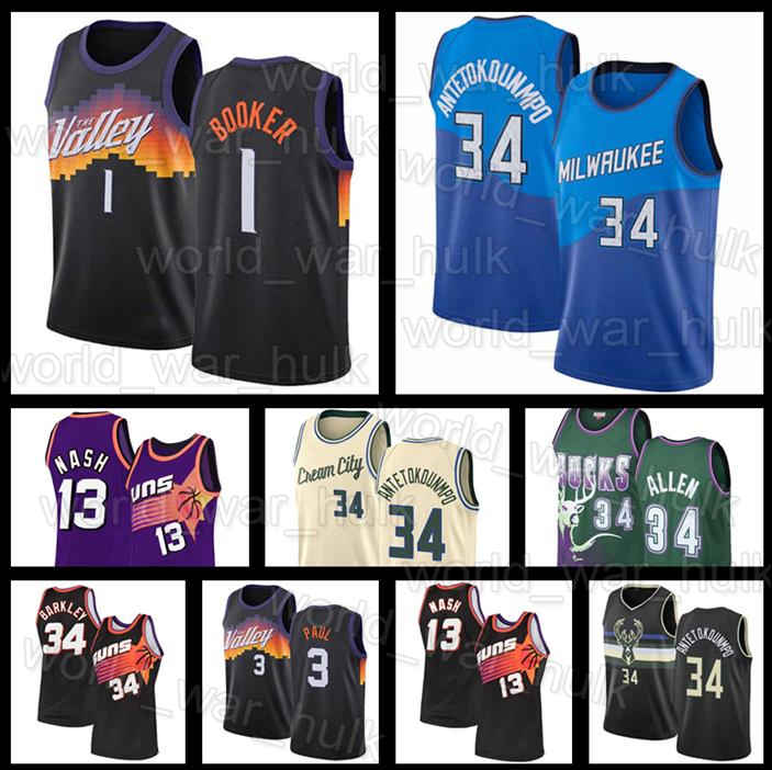 

Phoenix Suns Milwaukee Bucks Devin 1 Booker Jersey Chris 3 Paul Steve 13 Nash Giannis Charles 34 Barkley Antetokounmpo, Black;red