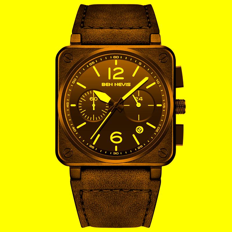 

Wristwatches Ben Nevis Unique Square Quartz Watch Fashion Chronograph Watches Leather Strap Military Sport Men Clock Relogio Masculine, Brown
