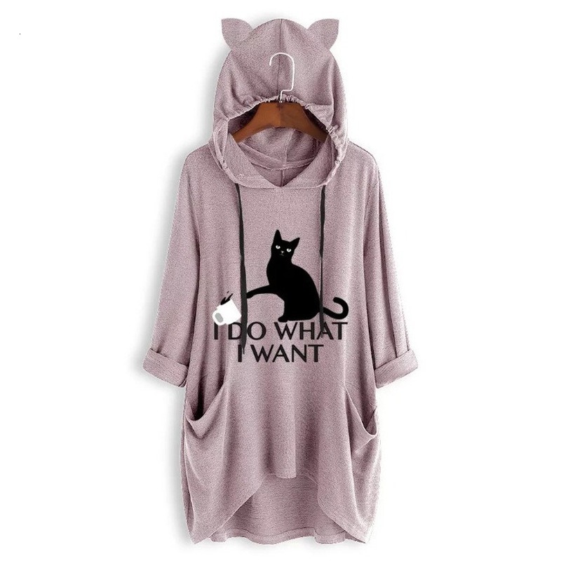 

2021 New Spring Summer Top Shirts Women Casual Print Cat Ear Hooded Shirt Long Sleeves Pocket Irregular Fashion Female Kawaii X84v, Yellow