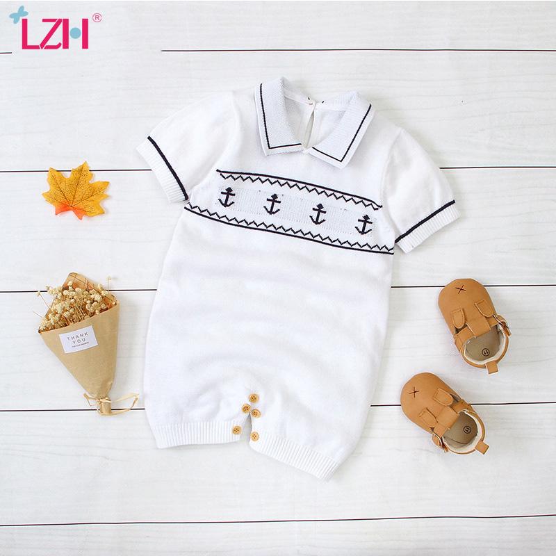 

Jumpsuits LZH 2021 Spring Summer Short Sleeve Fashion Print Bag Fart Romper Cotton Born Kids Clothes Lapel Baby Boys Jumpsuit 0-2 Years, Blue