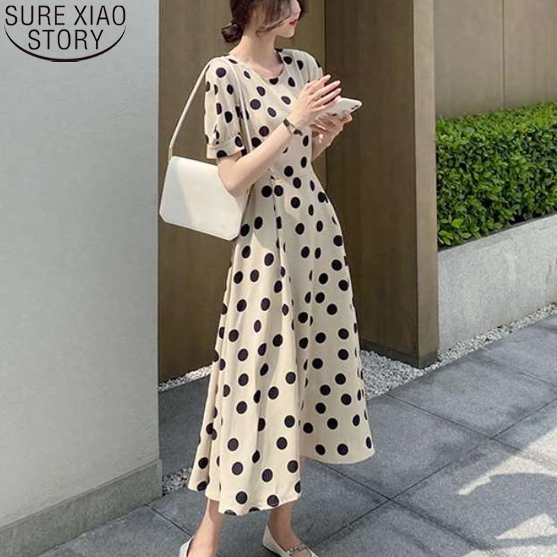 

Casual Dresses 2022 French Polka Dot Summer Dress Women Midi Long High Waist Plus Size Loose O-neck Short Sleeve Party 13832, Black;gray