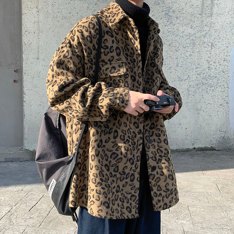 

2021 New Autumn Leopard Men's Fashion Retro Casual Jacket Men Streetwear Loose Korean Style Woolen Coat Mens Overcoat Bt8n, Brown