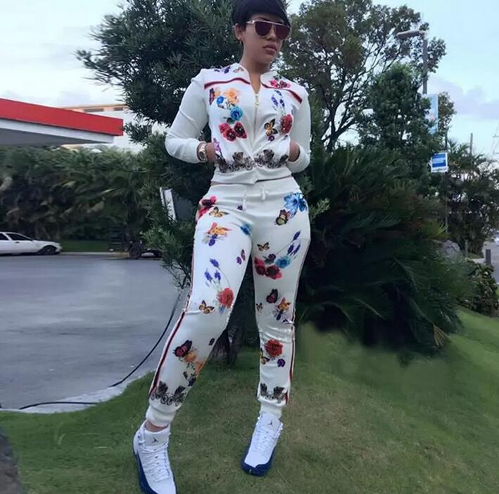 

TWO PIECE SET Print Butterfly Flower Tracksuits Runway Jacket Joggers Matching Pants Women Clothing Track Suits Winter Ensemble, White