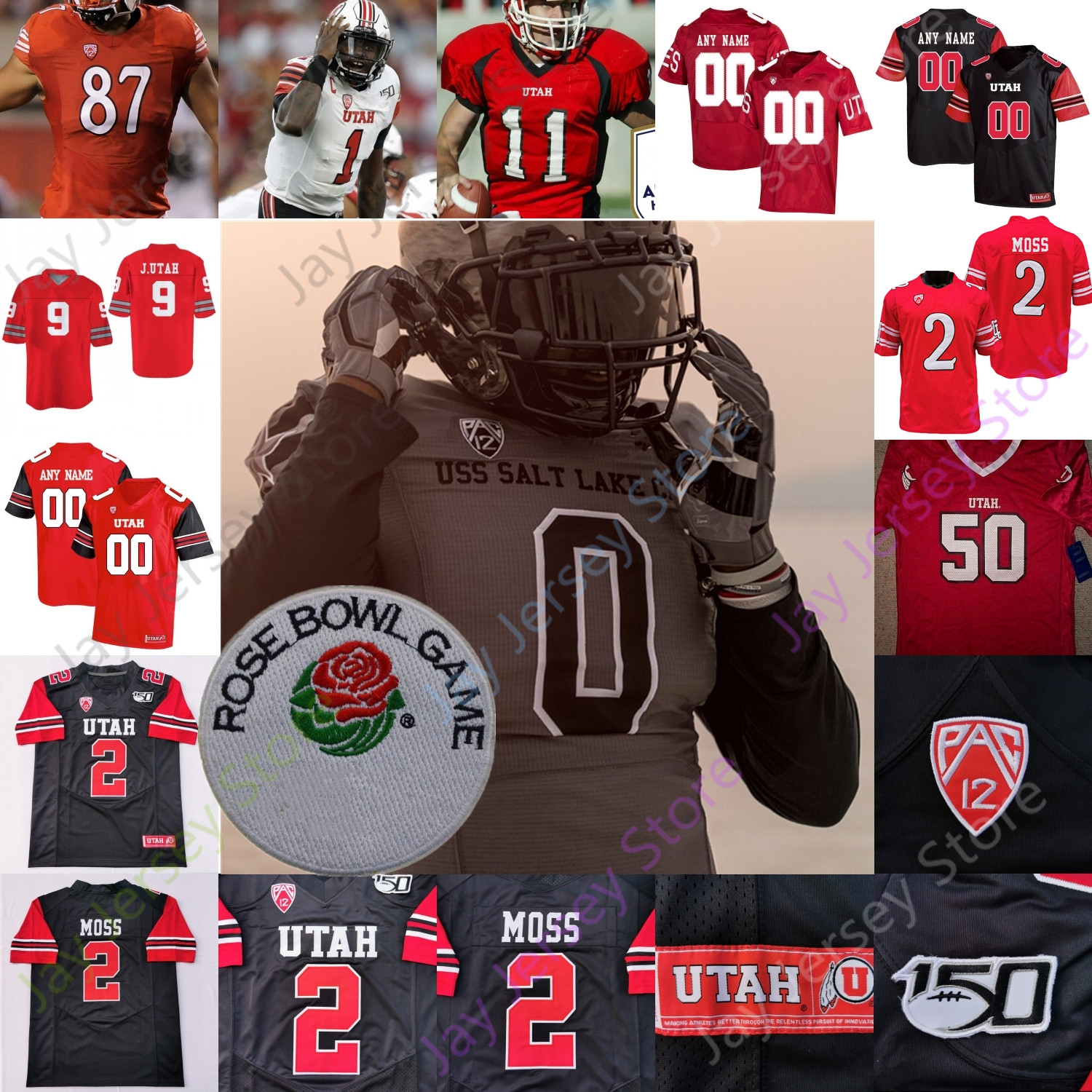 

Rose Bowl Utah Utes Football Jersey NCAA College Devin Lloyd Zack Moss Brant Kuithe Charlie Brewer Cameron Rising Tavion Thomas Micah Bernard Dalton Kincaid Enis, Black rose bowl patch