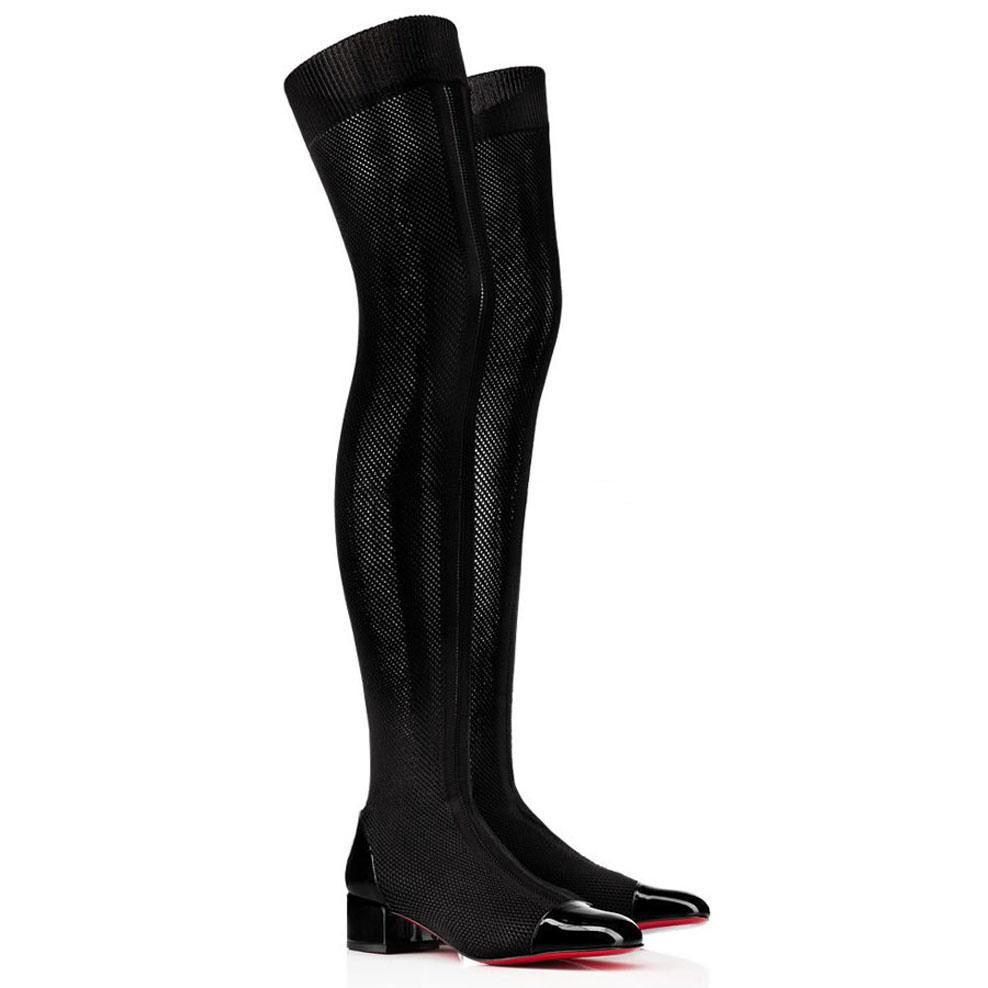 

Beautiful Woman Tall Boots Red Bottom Long Boot Soft Sock Mesh black stretch knit "Trebibafabrics" Ladies Blacks Patent Leather SPIKES