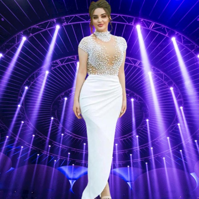 2022 High Neck Long Evening Dress Major Beading Pearls Women's Prom Dresses Formal Sexy Party Gowns-image-732348415