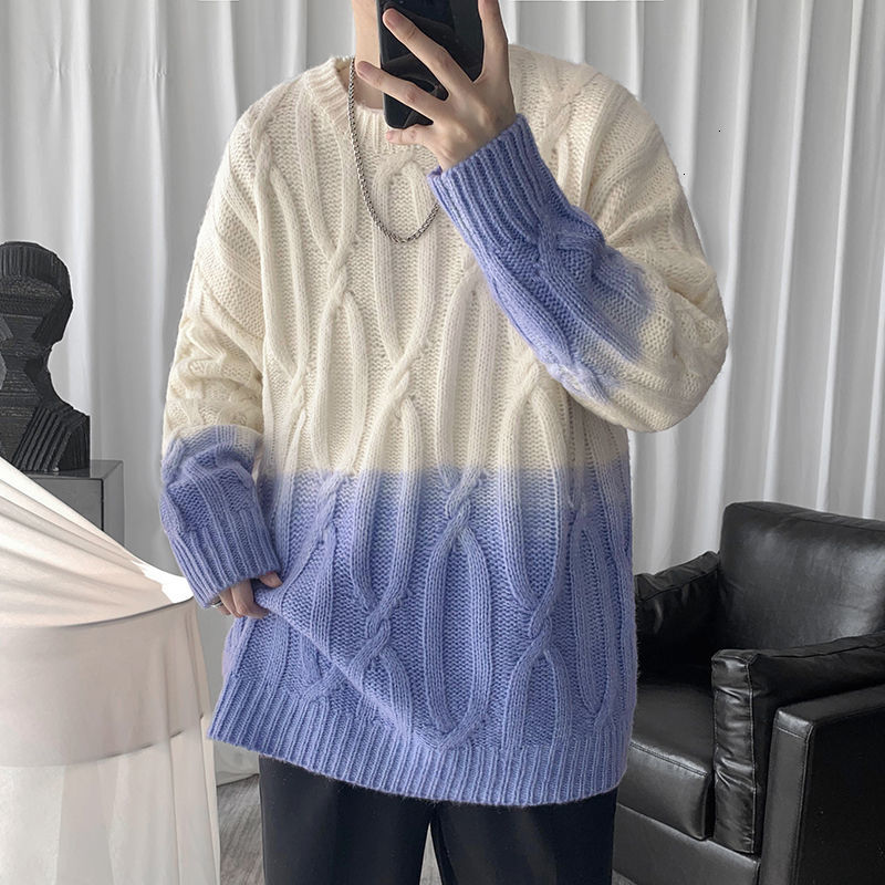 

2021 New Winter Thickened Gradient Sweater Men's Warm Fashion Casual Retro Knitted Pullover Men Loose Korean Sweaters Mens Clothes M-2xl Wl3, Light blue